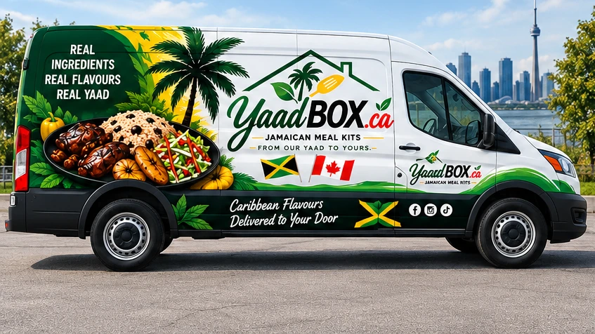 The wrapped YaadBox delivery van from the side, against the Toronto skyline